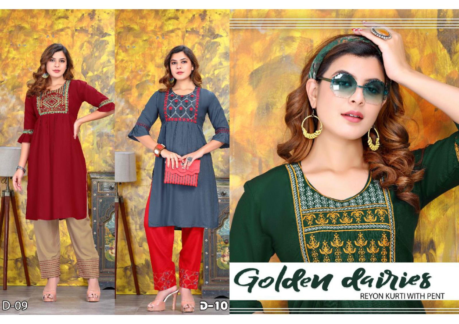 Beauty Queen Golden Dairies Ethnic Wear Rayon Kurti With Pant Collection
